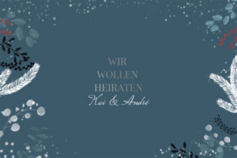 Winterliche Einladung Zur Hochzeit In Blau Mit Silberfolie Und Zweigen