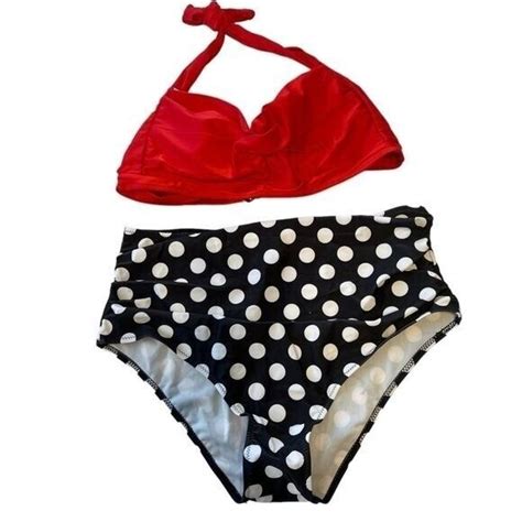 Womens Two Piece High Waisted Bikini Black And White Polkadot With