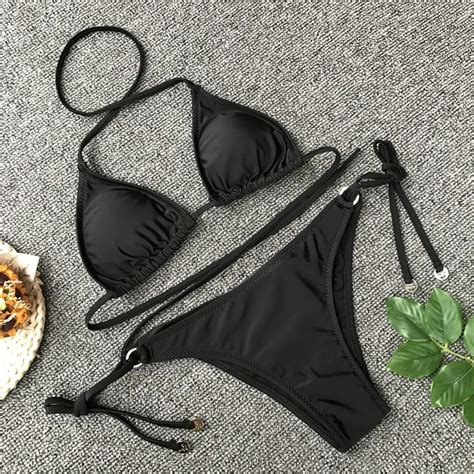 2018 Sexy Bandage Bikinis Push Up Swimwear Women Black Swimsuit Halter Top Brazilian Bikini Set