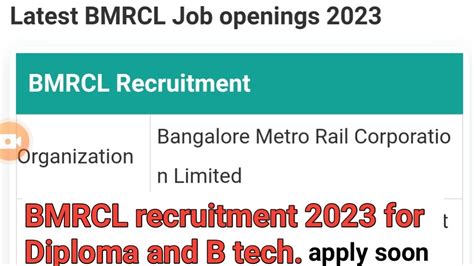 BMRCL Recruitment For Diploma Holders Latest Gov Job 2023 Metro