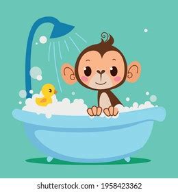 Cute Baby Monkey Bathes Bath Vector Stock Vector Royalty Free