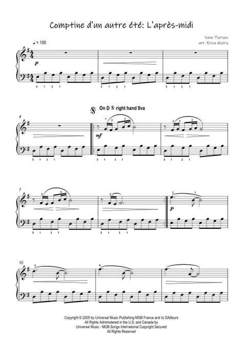 Comptine D un Autre Été L après midi arr Erica Avery Sheet Music