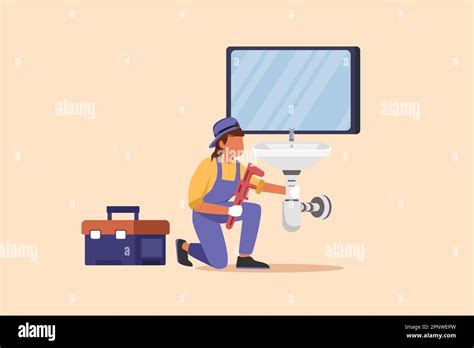 Business Flat Cartoon Style Drawing Active Repairwoman Or Plumber Repairs Sink In Bathroom And