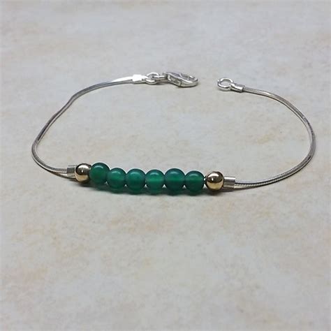 Green Agate Beaded Bracelet Handmade Agate Jewelry Natural Stone Silver