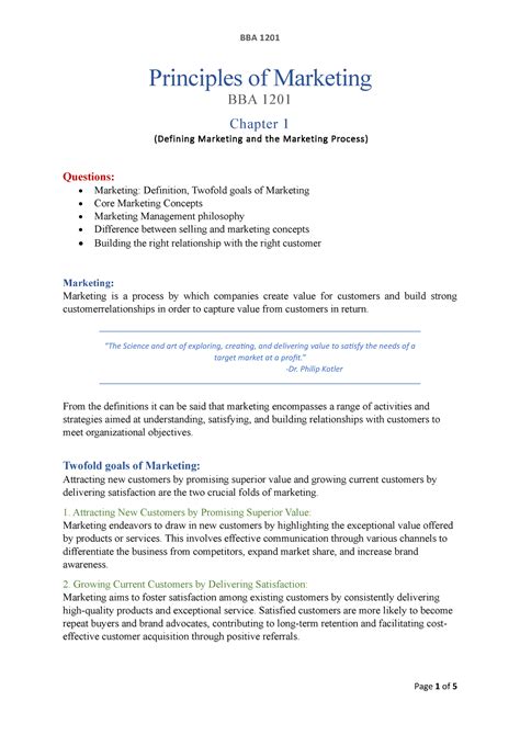 Chapter 1 Principles Of Marketing Bba 1 201 Chapter 1 Defining