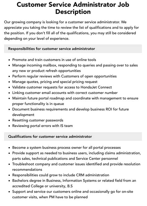 Customer Service Administrator Job Description Velvet Jobs