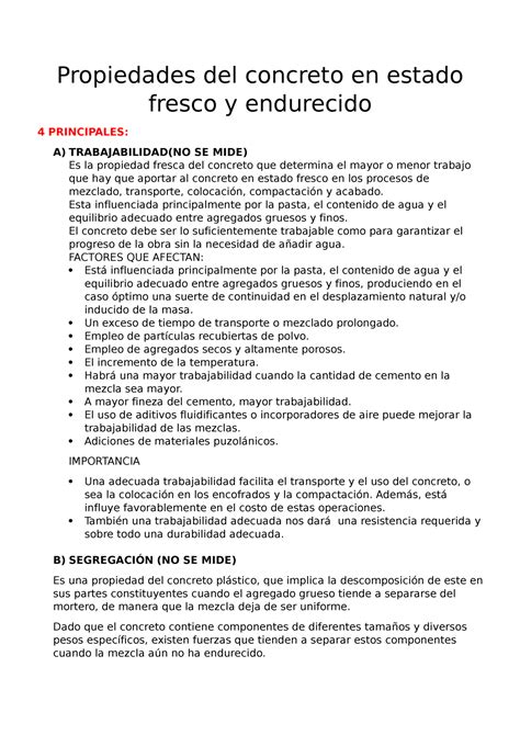 Propiedades Del Concreto En Estado Fresco Y Endurecido Propiedades