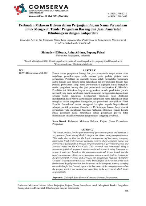 PDF Perbuatan Melawan Hukum Dalam Perjanjian Pinjam Nama Perusahaan