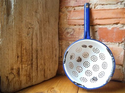 White Enamel Colander With Purple Handle Rustic Colander - Etsy