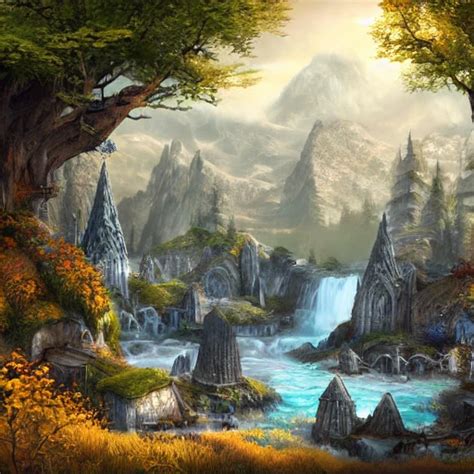 Elven City In The Mountains With Fallwaters Elegant Sunny Imp