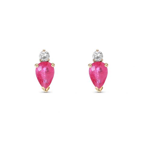 Boucles D Oreilles Or Jaune Rubis Poire X Mm Et Diamant Ref