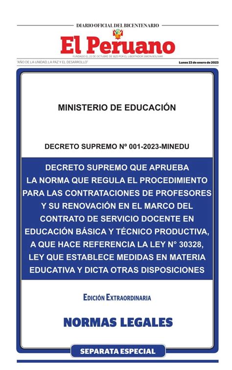 Ds N° 001 2023 Minedu Aprueba La Norma Que Regula Procedimiento Para Las Contrataciones De