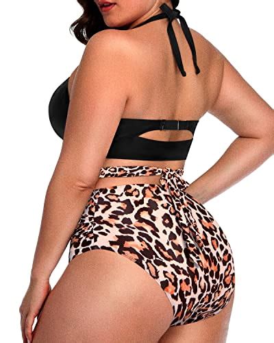 Push Up Halter Bikini Set For Plus Size Women Black And Leopard Daci