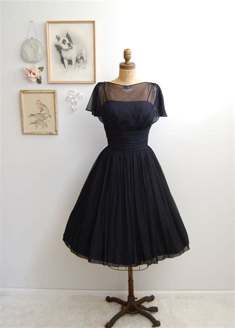 Vintage 1950s Black Cocktail Dress 50s Full Skirt Dress