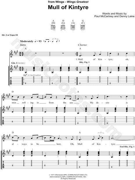 Wings Mull Of Kintyre Guitar Tab In A Major Download And Print Sku Mn0122543