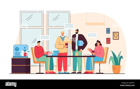 Happy Coworkers Talking On Lunch In Office Kitchen Isolated Flat Vector