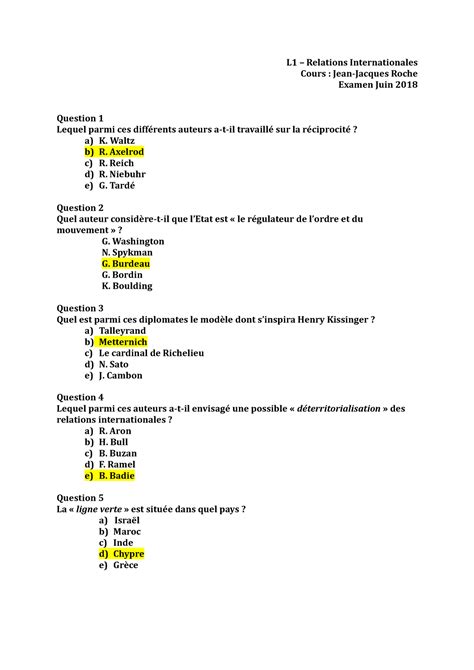 QCM L1 Juin 2018 Correction L1 Relations Internationales Cours