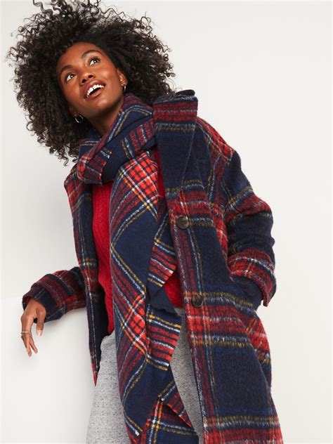 Oversized Soft Brushed Plaid Button Front Coat For Women Old Navy