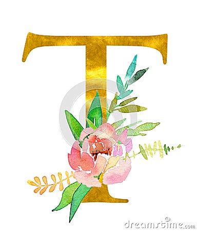 Golden Classical Form Letter S Decorated With Watercolor Flowers And