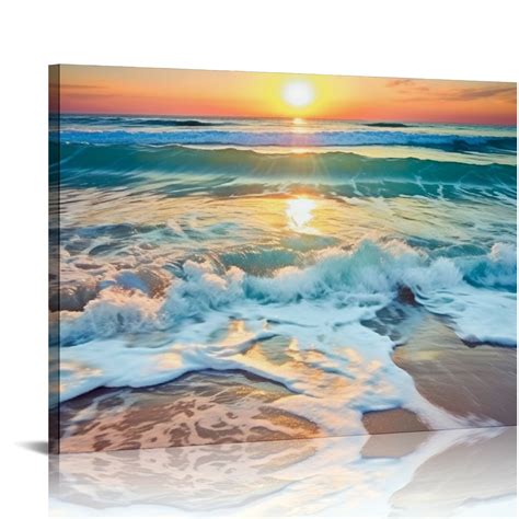 Comio Canvas Print Wall Art Beach Sunset Wave Nature Picture Framed