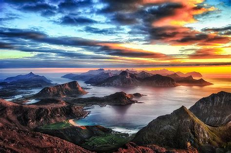 Hd Wallpaper Body Of Water Sunset Mountains Bay Island Lofoten