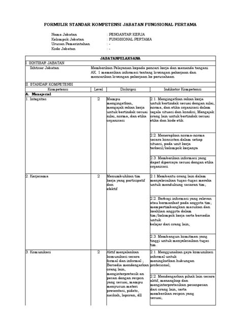 Standar Kompetensi Jabatan Fungsional Pertama Pengantar Kerja Pdf