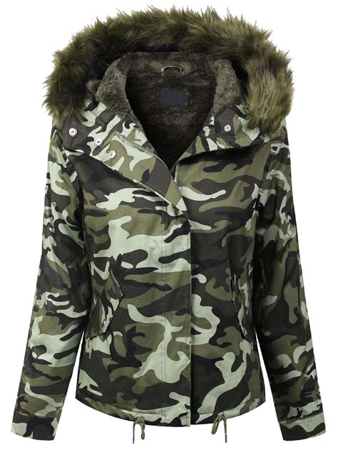 Mixmatchy Mixmatchy Womens Winter Faux Fur Lined Front Zip Up Camo