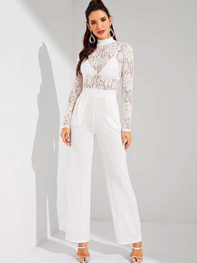 Contrast Lace Mock Neck Sheer Jumpsuit SHEIN UK