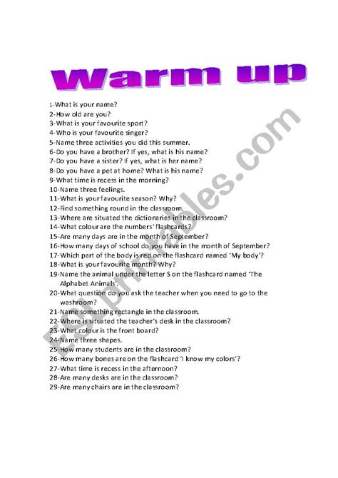 Warm Up Esl Worksheet By Nadorya