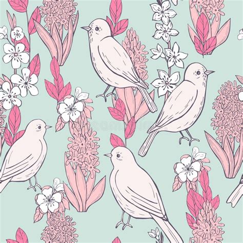 Spring Seamless Pattern With Birds And Flowers Stock Vector