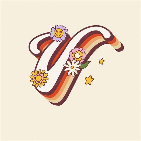 Premium Vector Groovy Retro Hippie Stylized Initial Letter V With Flowers Seventies Letter For