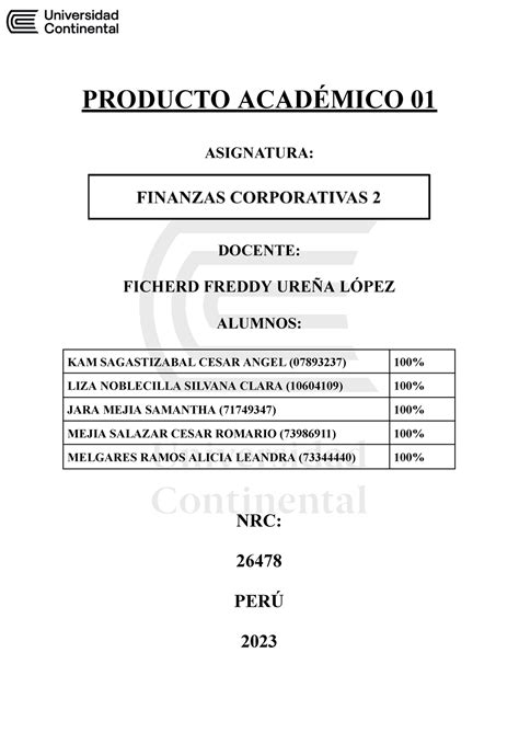 Finanzas Corporativas 2 PA01 PRODUCTO ACADÉMICO 01 ASIGNATURA