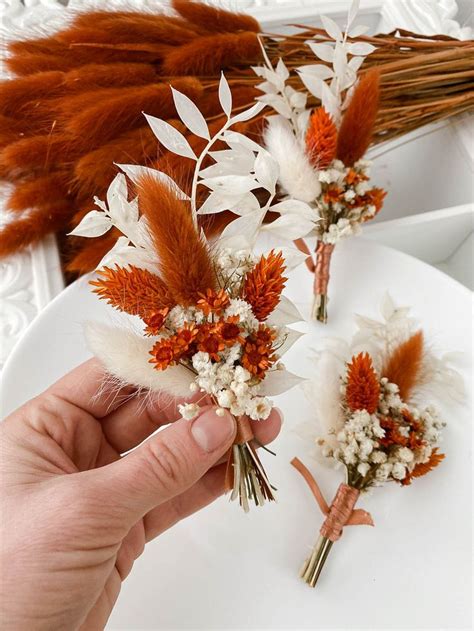 Boho Rust Terracotta Wedding Boutonniere Fall Autumn Wedding Mini