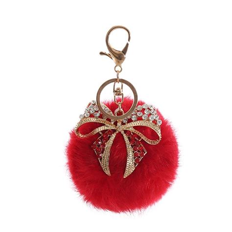 AutumnFall Rabbit Fur Ball Bow Rhinestone Keychain Bag Plush Key Ring