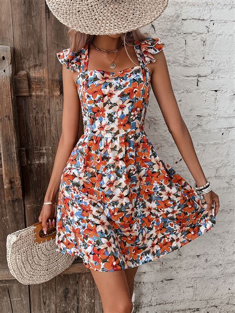 Shein Frenchy Allover Floral Print Tie Backless Ruffle Trim Dress