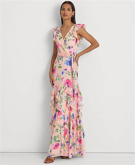 Lauren Ralph Lauren Womens Floral Ruffle Trim Georgette Gown Macys