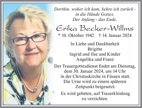 Traueranzeigen von Erika Becker Willms Allgäuer Zeitung