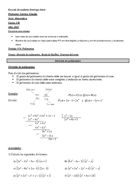 5ºb Trabajo Nº 6 Polinomiosdivisiòn De Polinomios Regla De Ruffini