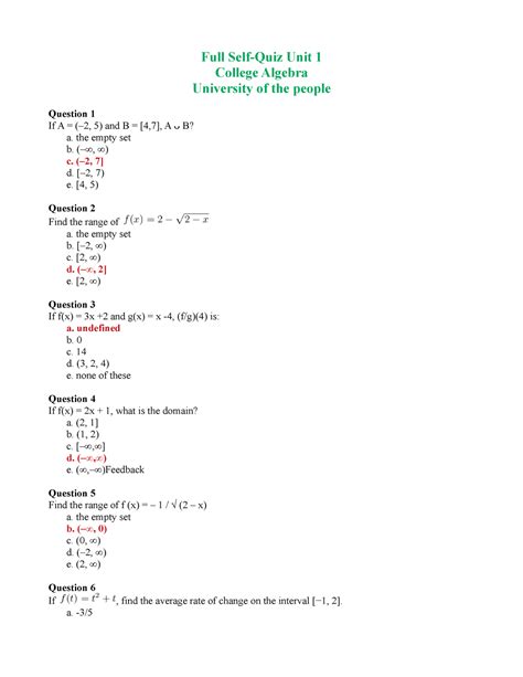 Full Self-Quiz Unit 1 - Selection of my best coursework - Full Self-Quiz Unit 1 College Algebra ...