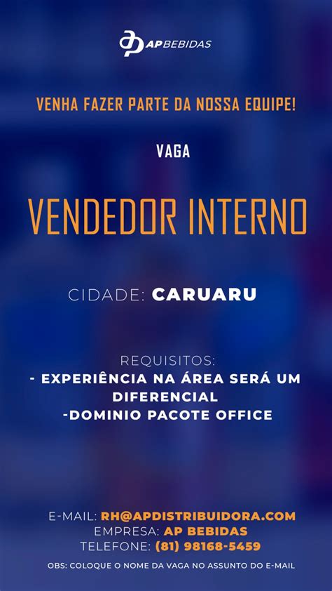 AP BEBIDAS ABRE VAGAS DE EMPREGO PARA SOCIAL MÍDIA VENDEDOR INTERNO E