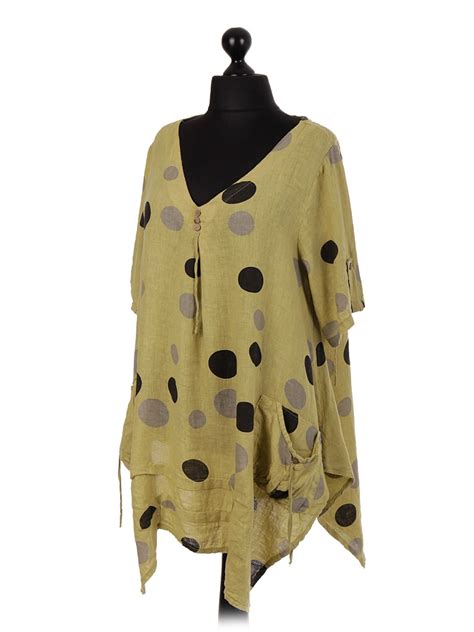 Wholesale Italian Polka Dot Front Pocket Linen Tunic Top