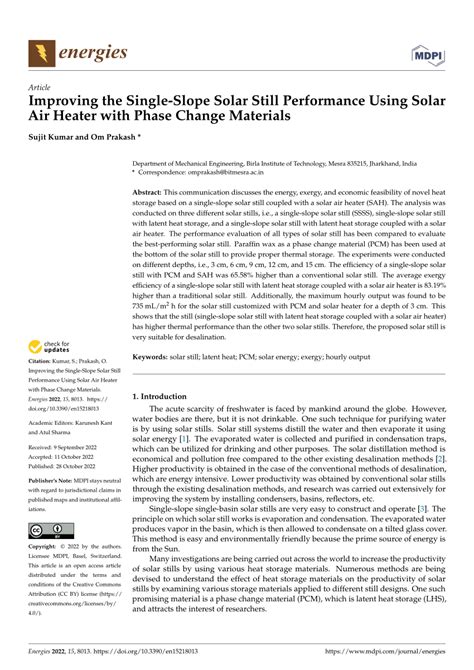 PDF Improving The Single Slope Solar Still Performance Using Solar