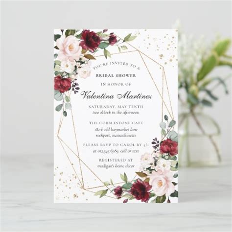 Burgundy Pink Floral Gold Geometric Bridal Shower Invitation Zazzle