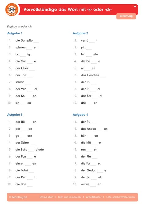 Vervollst Ndige Das Wort Mit K Oder Ck