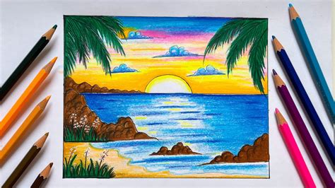 วาดภาพวิวทะเลด้วยสีไม้ How To Draw Beach Scenery Youtube