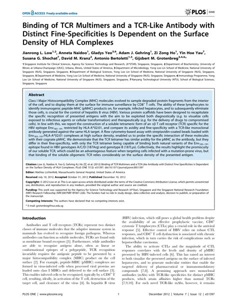 (PDF) Binding of TCR Multimers and a TCR-Like Antibody with Distinct ...