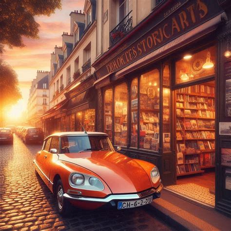 una librería de Paris muy bonita al atardecer con un citroen ds tiburon