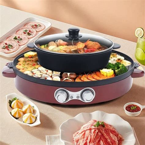 Hot Pot Barbecue électrique 2 en 1 2200 W Double séparation Poêle électrique Plaque de