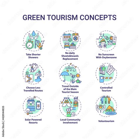 Green Tourism Concept Icons Set Take Shorter Showers No Daily Sheets