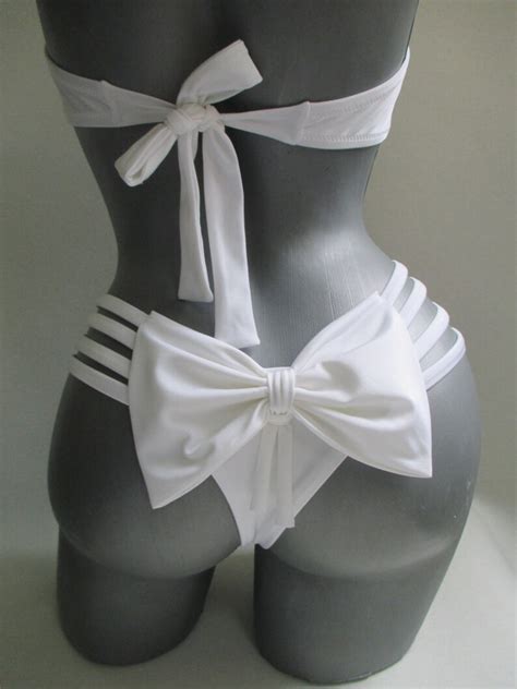 White Thong Wedding Cheeky Bikini Bow Bottoms Strappy Bandeau Etsy